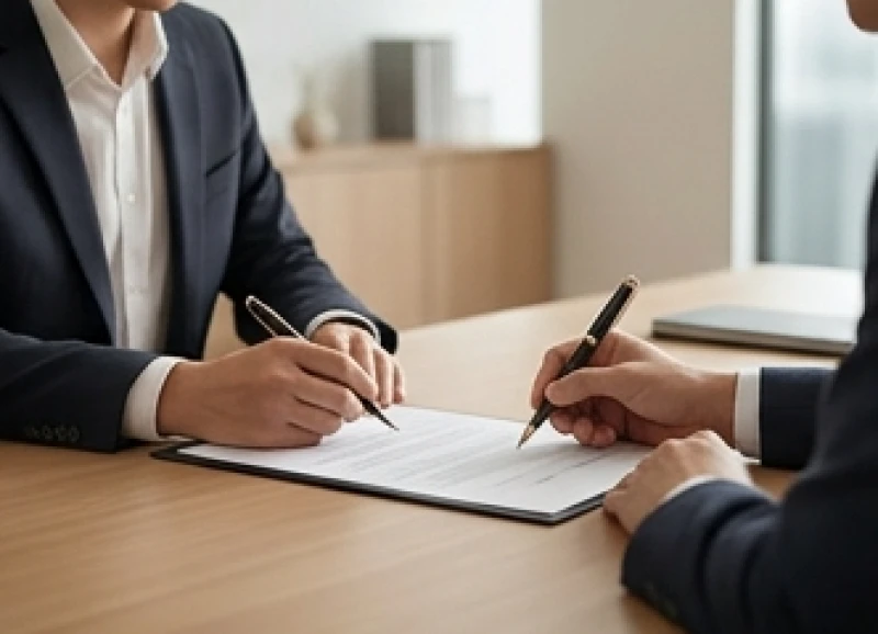 Hai người ký kết hợp đồng kinh doanh tại một không gian làm việc tối giản