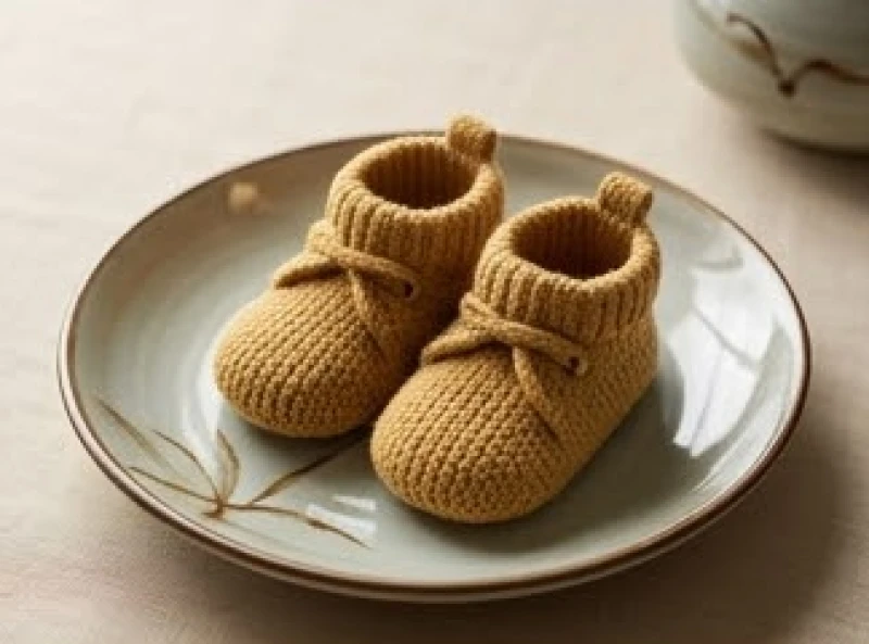 Đôi giày len trẻ em nhỏ xíu màu vàng đất được đặt trên một chiếc đĩa gốm sứ tinh tế mang đậm phong cách Á Đông
