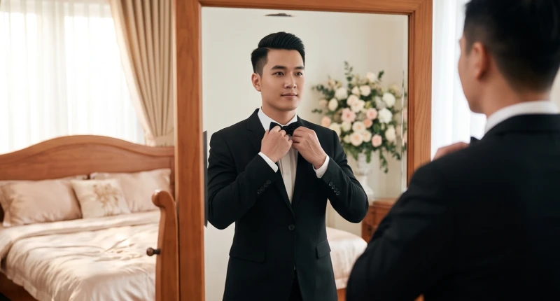 Chú rể đang tươi cười chỉnh lại chiếc nơ trên cổ áo vest trong căn phòng tân hôn được trang trí tông màu ấm áp