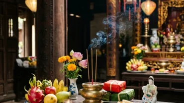 Khung cảnh sắm lễ vật tại đền chùa linh thiêng giải đáp thắc mắc tuổi dần cầu tài lộc ở đâu