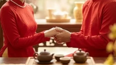 Cặp đôi mặc áo dài truyền thống tay trong tay tượng trưng cho việc tuổi Dần hợp kết hôn với tuổi nào để có gia đạo viên mãn