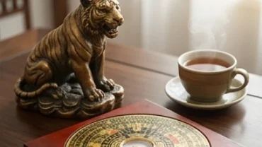 Tượng hổ phong thủy bằng đồng đặt cạnh la bàn và tách trà thể hiện tuổi dần năm 2026 có phạm thái tuế không