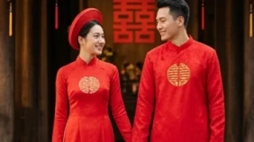 Cô dâu chú rể rạng rỡ trong trang phục áo dài đỏ truyền thống, mang ý nghĩa may mắn khi chọn đúng tuổi dần nên cưới vào năm nào