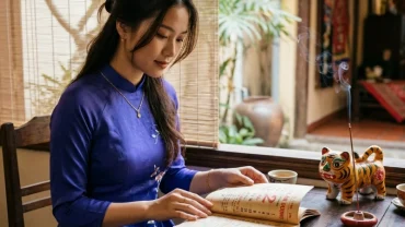 Tra cứu tuổi dần tam tai năm nào với lịch tử vi, tượng hổ và nén hương trên bàn gỗ