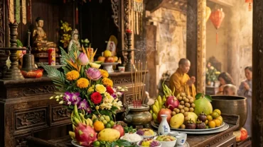 Mâm lễ dâng hương tươm tất tại đền cổ kính dành cho người đang tìm hiểu tuổi dậu cầu tài lộc ở đâu hợp phong thủy