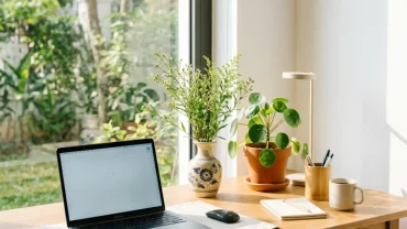Góc làm việc gọn gàng ngập tràn ánh sáng giải đáp cho việc tuổi dậu đặt bàn làm việc hướng nào