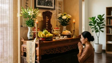 Không gian phòng thờ truyền thống Việt Nam chuẩn phong thủy giúp giải đáp tuổi dậu đặt bàn thờ hướng nào mang lại bình an