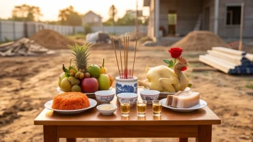 Mâm lễ tươm tất được chuẩn bị khi tìm hiểu tuổi dậu động thổ ngày nào tốt để khởi công xây nhà