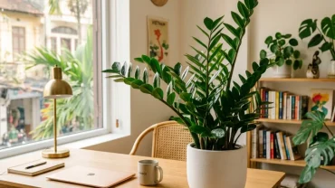 Chậu cây kim tiền xanh tốt đặt trên bàn làm việc giúp giải đáp tuổi dậu hợp cây gì để thu hút vượng khí