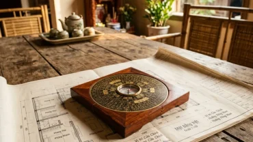 La bàn phong thủy cổ truyền đặt trên bản vẽ kiến trúc để xác định người tuổi dậu hợp hướng nào khi xây nhà