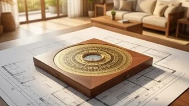 La bàn phong thủy Bát Trạch đặt trên bản vẽ kiến trúc xác định tuổi dậu hợp hướng nào