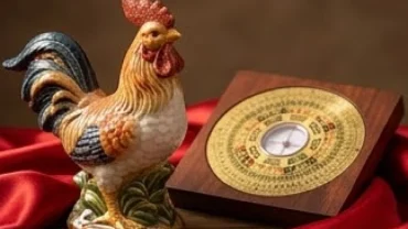 Bức tượng gốm hình con gà và rồng đặt cạnh la bàn phong thủy thể hiện tuổi Dậu hợp kết hôn với tuổi nào