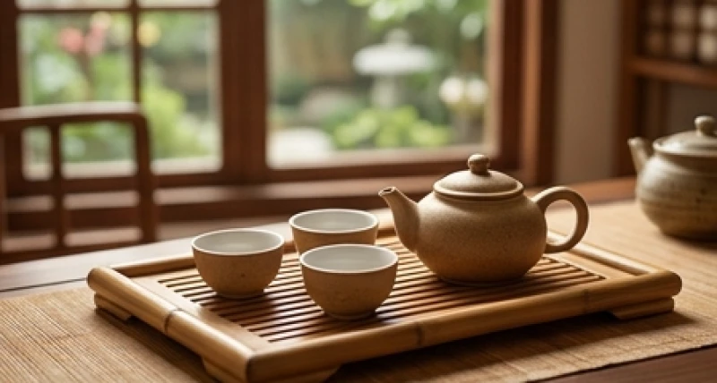 Bữa trà truyền thống gia đình ấm cúng với bình trà gốm sứ và hai chén trà đặt cạnh nhau trên khay tre