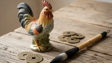 Tượng gà gốm sứ phong thủy đặt cạnh cuốn sổ và bút lông trên bàn gỗ tượng trưng cho tuổi dậu hợp số nào