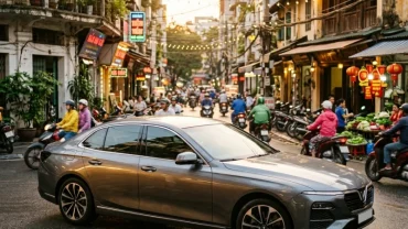 Hình ảnh chiếc ô tô sang trọng đậu trên phố giúp giải đáp tuổi dậu hợp xe màu gì theo ngũ hành