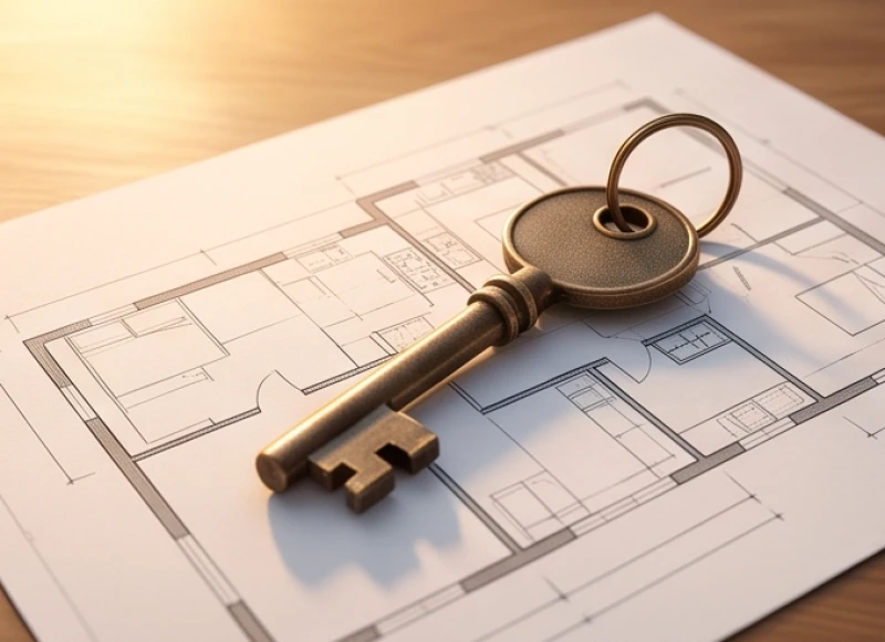 Chiếc chìa khóa nhà bằng đồng cổ đặt ngay ngắn trên bản vẽ sơ đồ kiến trúc của căn hộ