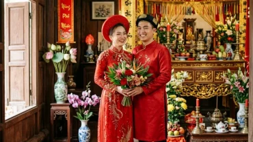 Cặp đôi mặc áo dài đỏ trong lễ gia tiên giải đáp thắc mắc tuổi dậu nên cưới vào năm nào theo phong thủy