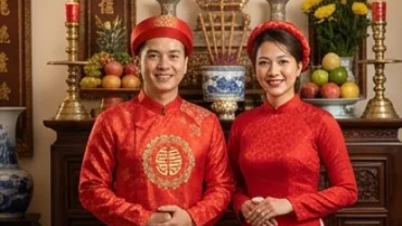 Cô dâu chú rể mặc áo dài đỏ truyền thống Việt Nam làm lễ gia tiên rạng rỡ hạnh phúc