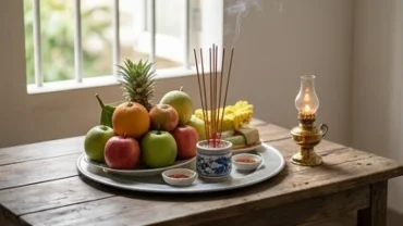 Mâm cúng tươm tất trong lễ nhập trạch nhà mới của gia chủ đang tìm hiểu tuổi dậu nhập trạch ngày nào tốt