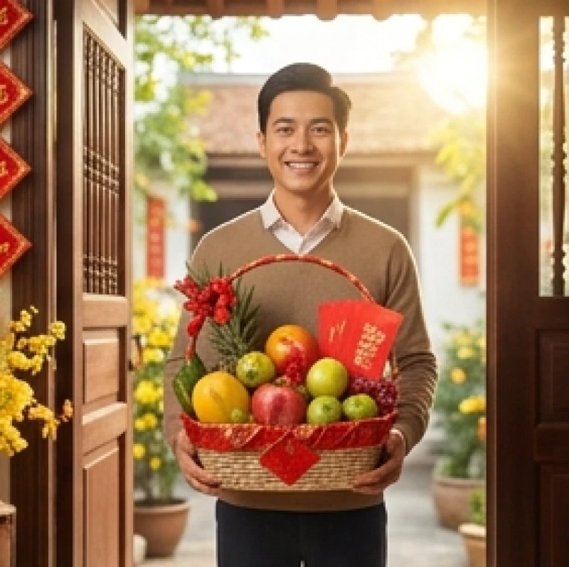 Người tuổi Sửu hoặc Dậu mang theo quà Tết và nụ cười tươi xông nhà