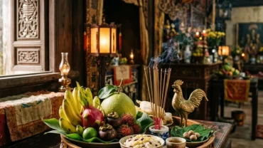 Mâm lễ vật truyền thống cúng giải hạn khi tìm hiểu tuổi dậu tam tai năm nào theo phong thủy