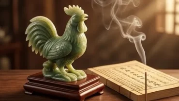 Tượng gà phong thủy bằng ngọc bích đặt cạnh cuốn lịch tra cứu tuổi dậu tam tai năm nào