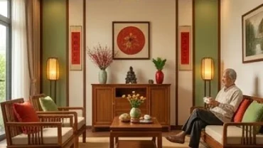 Không gian phòng khách ấm cúng được thiết kế theo phong thủy cho gia chủ tuổi Đinh Dậu 1957 mệnh Hỏa