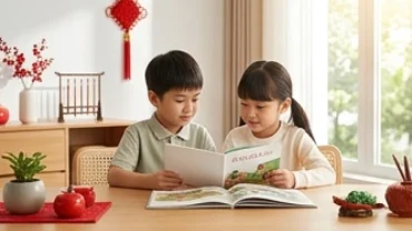 Bé trai và bé gái tuổi Đinh Dậu 2017 ngồi học bài trong không gian phong thủy mang mệnh Sơn Hạ Hỏa