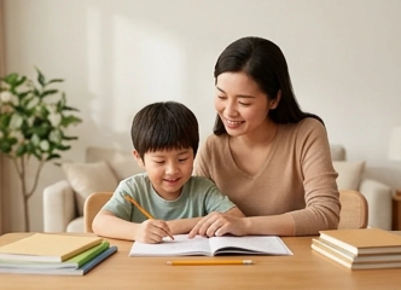 Người mẹ đang kiên nhẫn và vui vẻ hướng dẫn con trai tuổi Đinh Dậu làm bài tập về nhà