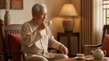 Người lớn tuổi sinh năm tuổi đinh hợi 1947 an nhiên thưởng trà trong không gian ấm cúng