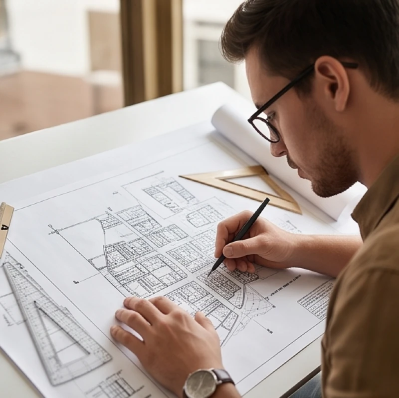 Nam thanh niên tuổi Đinh Hợi say sưa thiết kế mô hình quy hoạch đô thị trên bản vẽ kỹ thuật
