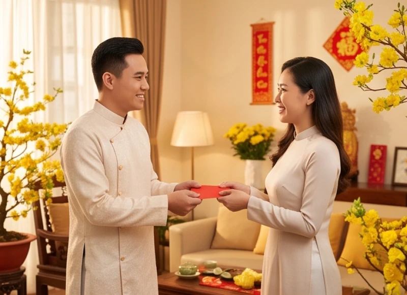 Gia chủ tuổi Hợi chọn người xông đất năm 2027: trọn bộ 5 nạp âm 1 Người khách tuổi Đinh Mão mang theo phong bao lì xì đỏ xông đất cho gia chủ tuổi Hợi.