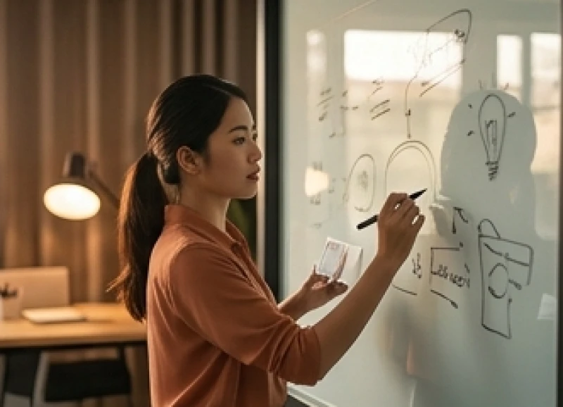 Tính cách tuổi Sửu: Phân tích nam nữ và cách bù trừ nhược điểm 7 Nữ nhân viên văn phòng trẻ tuổi năng động đang say sưa phác thảo ý tưởng trên bảng trắng
