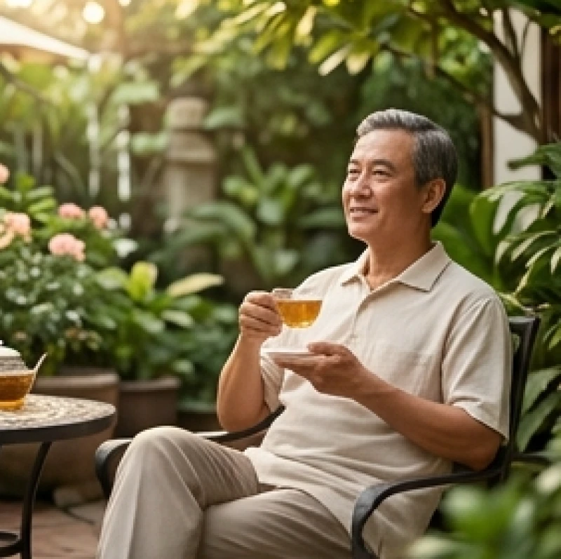 Người đàn ông trung niên thảnh thơi tận hưởng khoảnh khắc bình yên bên tách trà nóng