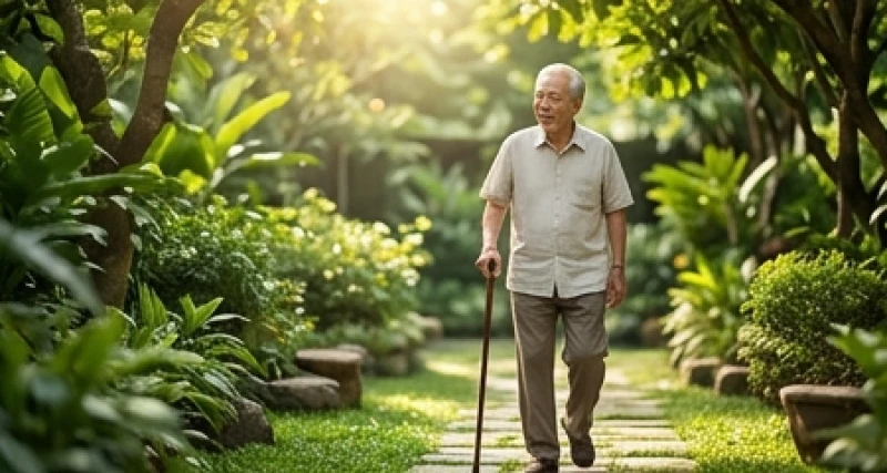 Cụ ông thảnh thơi dạo bộ dưới ánh nắng mai ấm áp trong khu vườn xanh mát