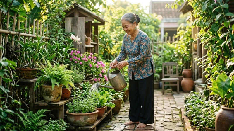 Cụ bà phúc hậu đang mỉm cười tưới cây trong khu vườn ngập nắng ban mai