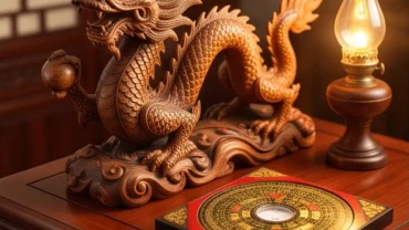 La bàn phong thủy và biểu tượng rồng gỗ đại diện cho vận trình tuổi Giáp Thìn 2024