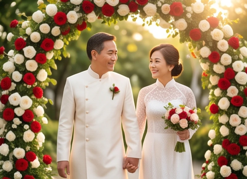 Cặp đôi trưởng thành mỉm cười hạnh phúc khi cùng nhau bước đi dưới vòm hoa hồng rực rỡ trong ngày cưới