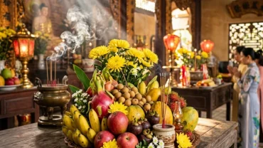 Hình ảnh mâm ngũ quả và hoa cúc vàng cho người đang tìm hiểu tuổi hợi cầu tài lộc ở đâu linh thiêng