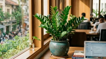 Chậu cây xanh mướt đặt trên bàn làm việc bằng gỗ minh họa cho chủ đề tuổi hợi hợp cây gì để đón nhận năng lượng tốt