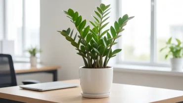 Chậu cây kim tiền xanh tốt trên bàn làm việc bằng gỗ giúp giải đáp tuổi hợi hợp cây gì để thu hút vượng khí