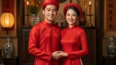 Cô dâu chú rể mặc áo dài đỏ truyền thống trong ngày cưới, đại diện cho thắc mắc tuổi hợi hợp kết hôn với tuổi nào