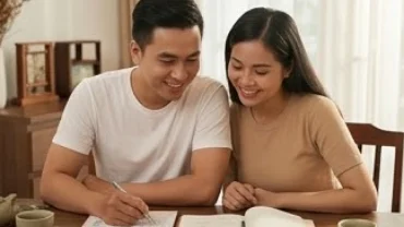 Gia đình nhỏ hạnh phúc đang xem lịch vạn niên phong thủy để tìm hiểu tuổi Hợi hợp sinh con tuổi gì