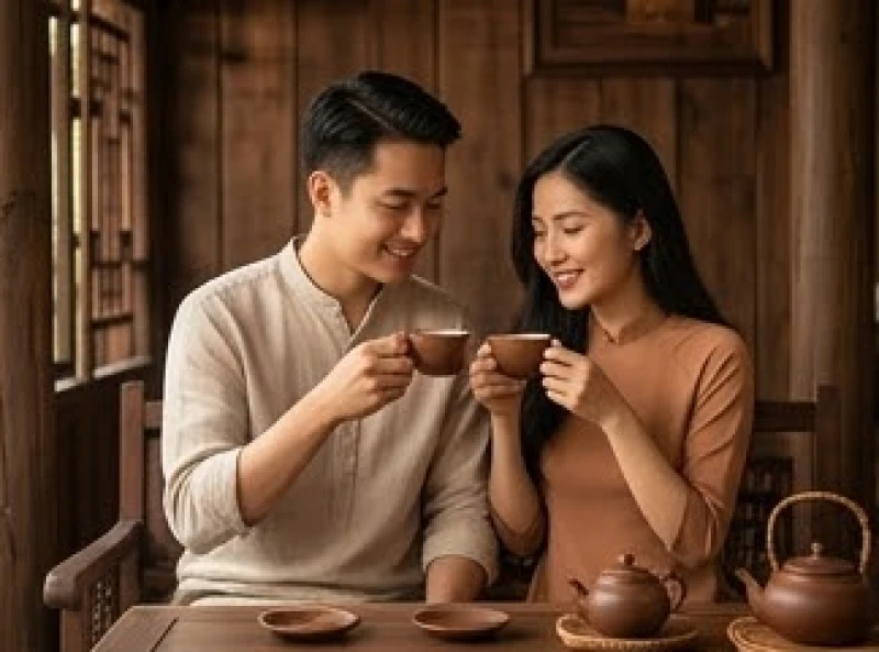 Tuổi Hợi hợp kết hôn với tuổi nào: Chọn bạn đời tránh phạm kỵ 1 Cặp đôi nam nữ trò chuyện vui vẻ bên tách trà ấm, thể hiện sự thấu hiểu trong hôn nhân của người tuổi Hợi
