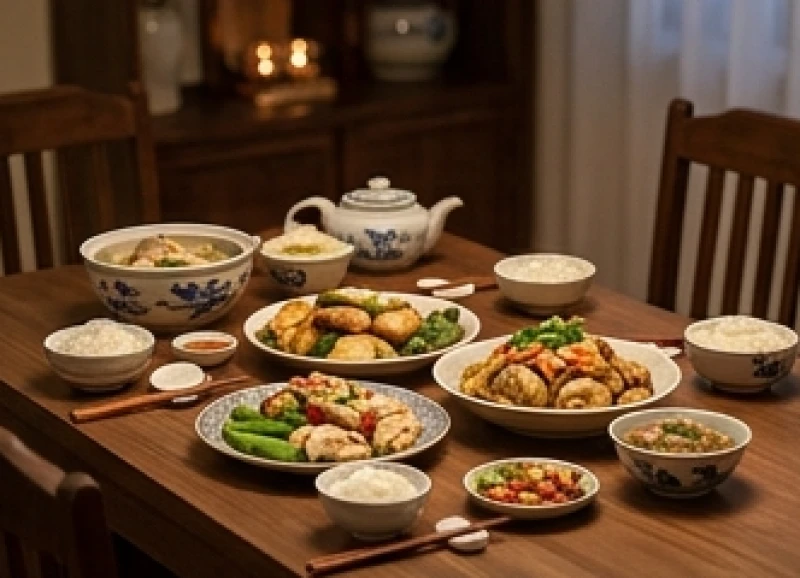 Bữa cơm gia đình ấm cúng với các món ăn Việt Nam tượng trưng cho sự hạnh phúc và viên mãn