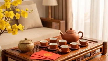 Bàn trà ngày xuân với phong bao lì xì đỏ giúp người tìm hiểu tuổi hợi kiêng gì trong ngày Tết đón lộc