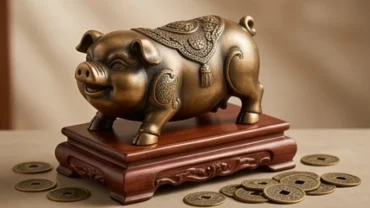 Tượng heo phong thủy bằng đồng đặt trên đế gỗ kèm các đồng xu tài lộc biểu tượng cho tuổi Hợi
