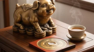 Tượng lợn phong thủy bằng đồng và la bàn giúp giải đáp tuổi Hợi năm 2027 có phạm Thái Tuế không