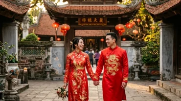 Hình ảnh cô dâu chú rể mặc áo dài đỏ giúp bạn hình dung tuổi hợi nên cưới vào năm nào để gia đạo bình an