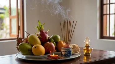 Mâm cúng trang nghiêm được bày biện tươm tất khi gia chủ xem tuổi Hợi nhập trạch ngày nào tốt.